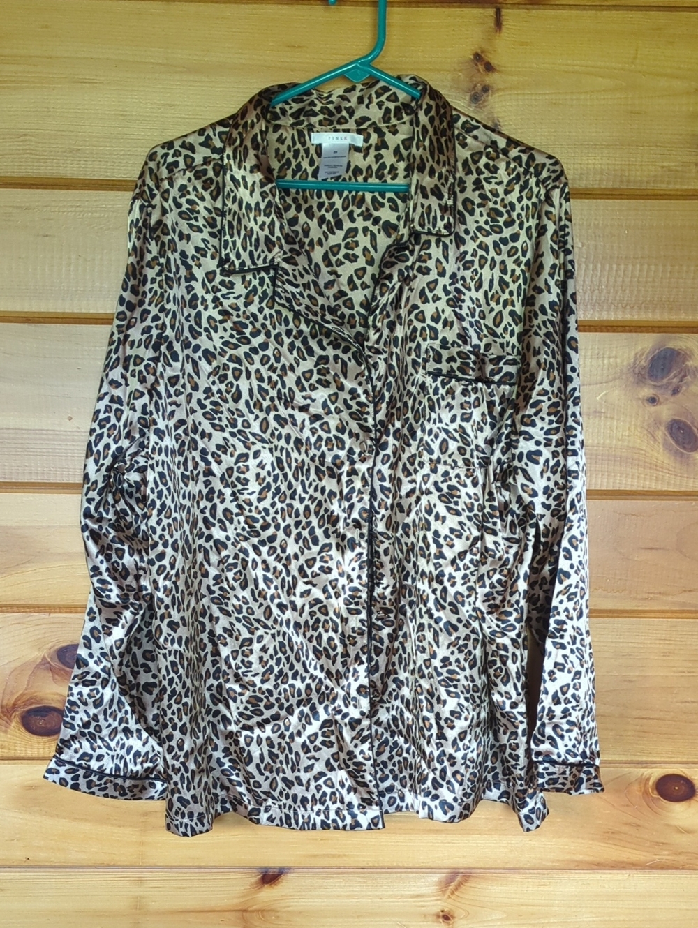 Pink K Leopard Print Satin Button-Up Pajama Top - Beige Brown